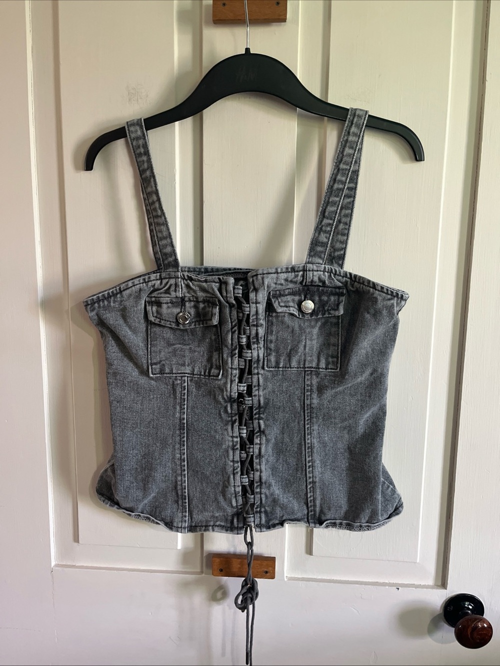 PrettyLittleThing Gray Denim Lace-Up Corset Tank